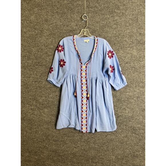 Umgee Womens Tunic Blouse Size Medium Blue Embroidered Tassels Boho Hippie - Picture 1 of 6
